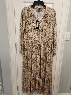 Tolani Soft Yellow Maxi Dress Sz M Animal Print Knit Collared V Neck A519994